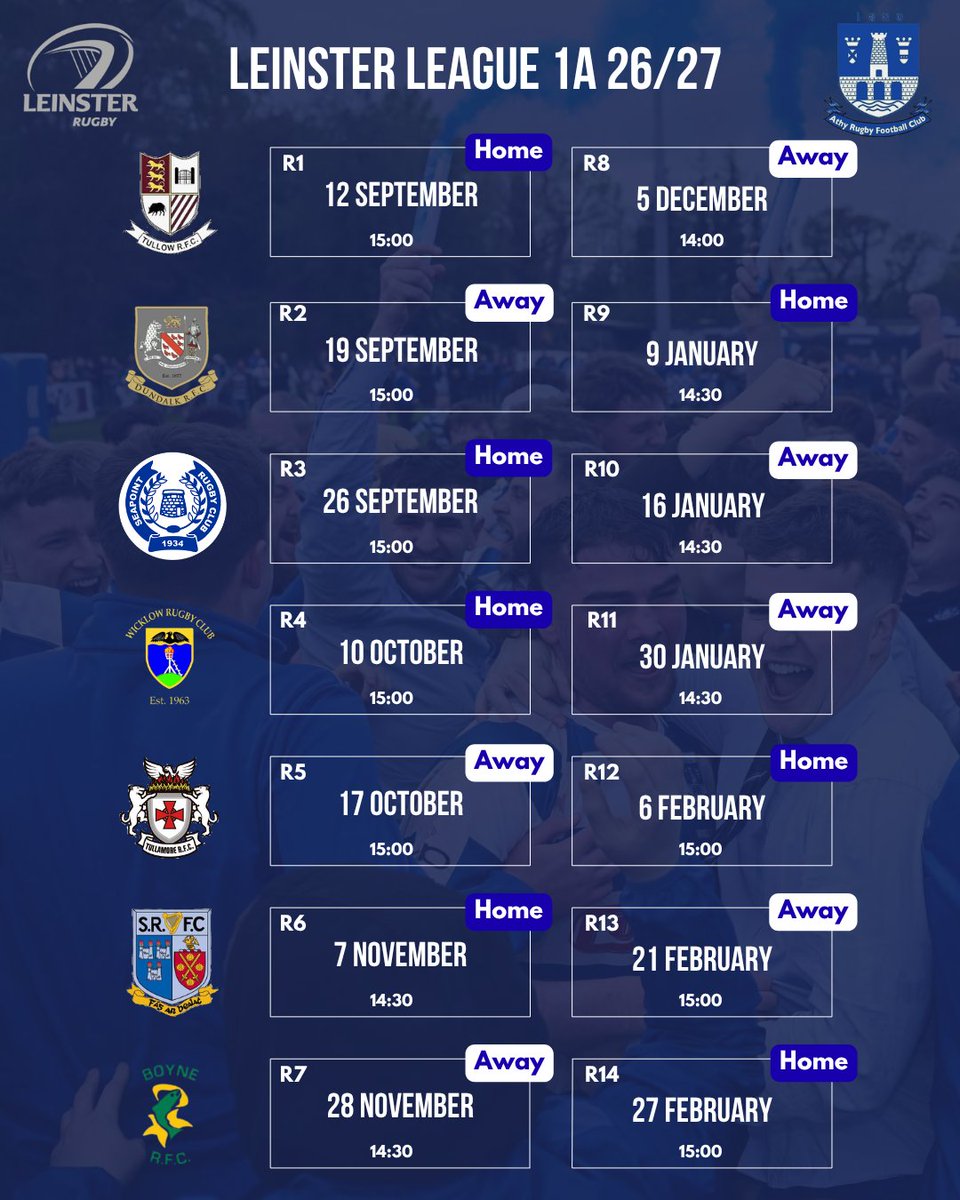 AthyRFC's tweet photo. Our J1 &amp; J2 Men's Leinster League fixtures have been confirmed.

We open up with a home game v @tullow_rfc on Saturday 12 September and hope to see a massive crowd at The Showgrounds to help us start well 
💪💙🤍💙🤍

Details of pre-season games coming soon https://t.co/H15Z0Aa4dD