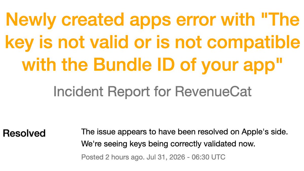 RevenueCat's tweet photo. ✅ Incident resolved

In-App Purchase keys are validating correctly again.  Thanks to Apple for the fix.

No action needed if you were affected. 

Full report: https://t.co/L1Sjw5pxel https://t.co/XckClCKfiP