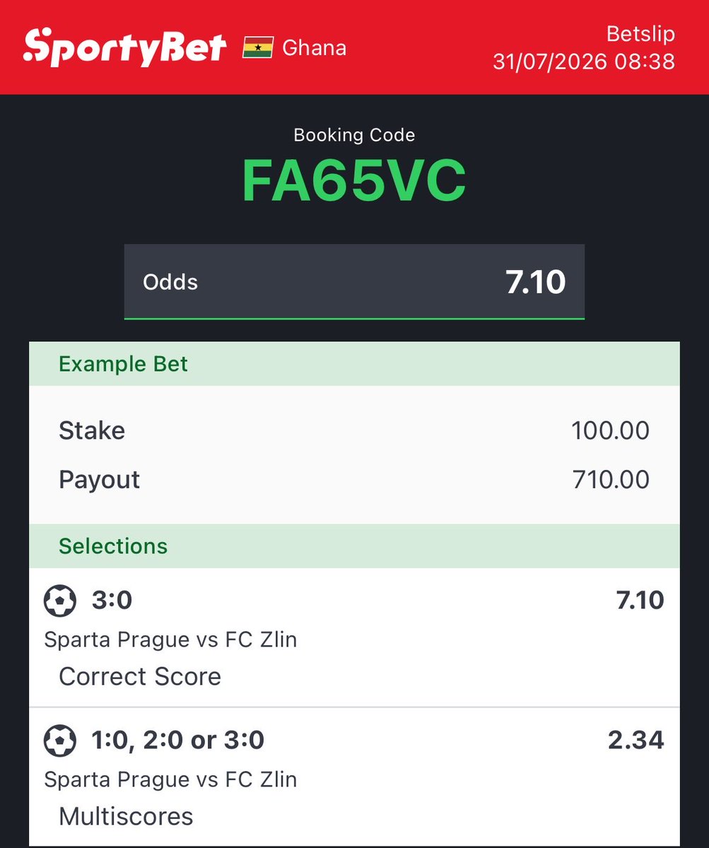 bingoodds1's tweet photo. 🎯 CORRECT SCORE / MULTISCORE SLIP 🎯
🔑 Code: FA65VC
📈 Odds: 7.10
📌 Bookie: SportyBet 🇬🇭
#BettingTips #SportyBet #BettingTwitter #SportyCode #GhanaBetting #CorrectScore #BettingCommunity #SportyBetGhana #FootballPredictions #FreePicks #BettingTips #SpartaPrague https://t.co/6b70JVL3A4