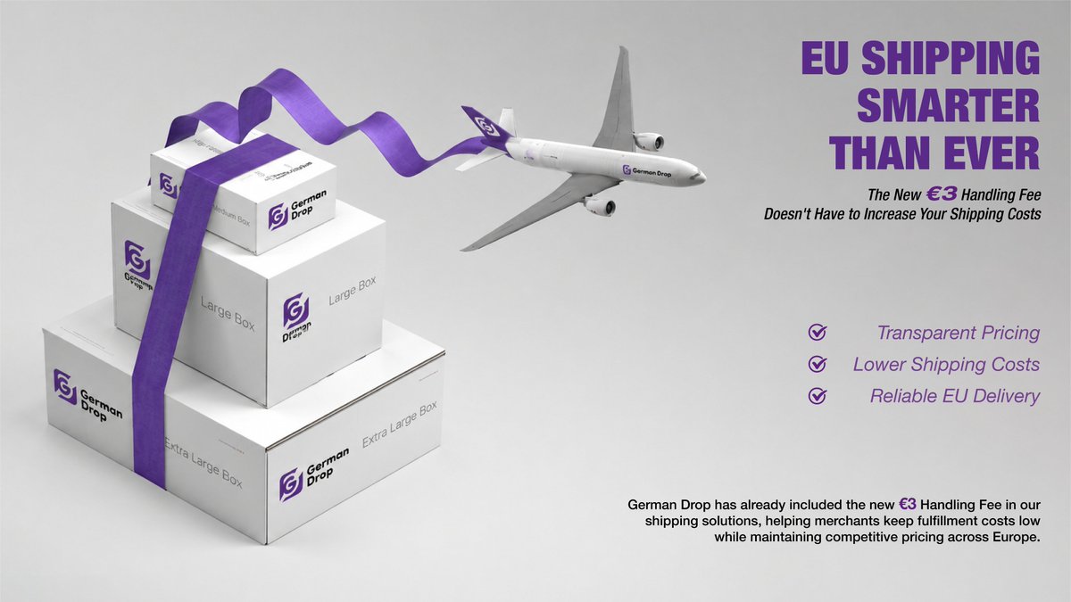 german_drop's tweet photo. The new €3 #EU Handling Fee doesn't have to reduce your profits. With #GermanDrop:
✅ €3 fee already included
✅ Save up to $18/kg
✅ #Battery &amp; #Cosmetics #shipping
✅ Reliable EU #fulfillment
✅ Transparent #pricing
Lower costs. Higher margins.
#Dropshipping #Ecommerce https://t.co/o2UkVmoJhW