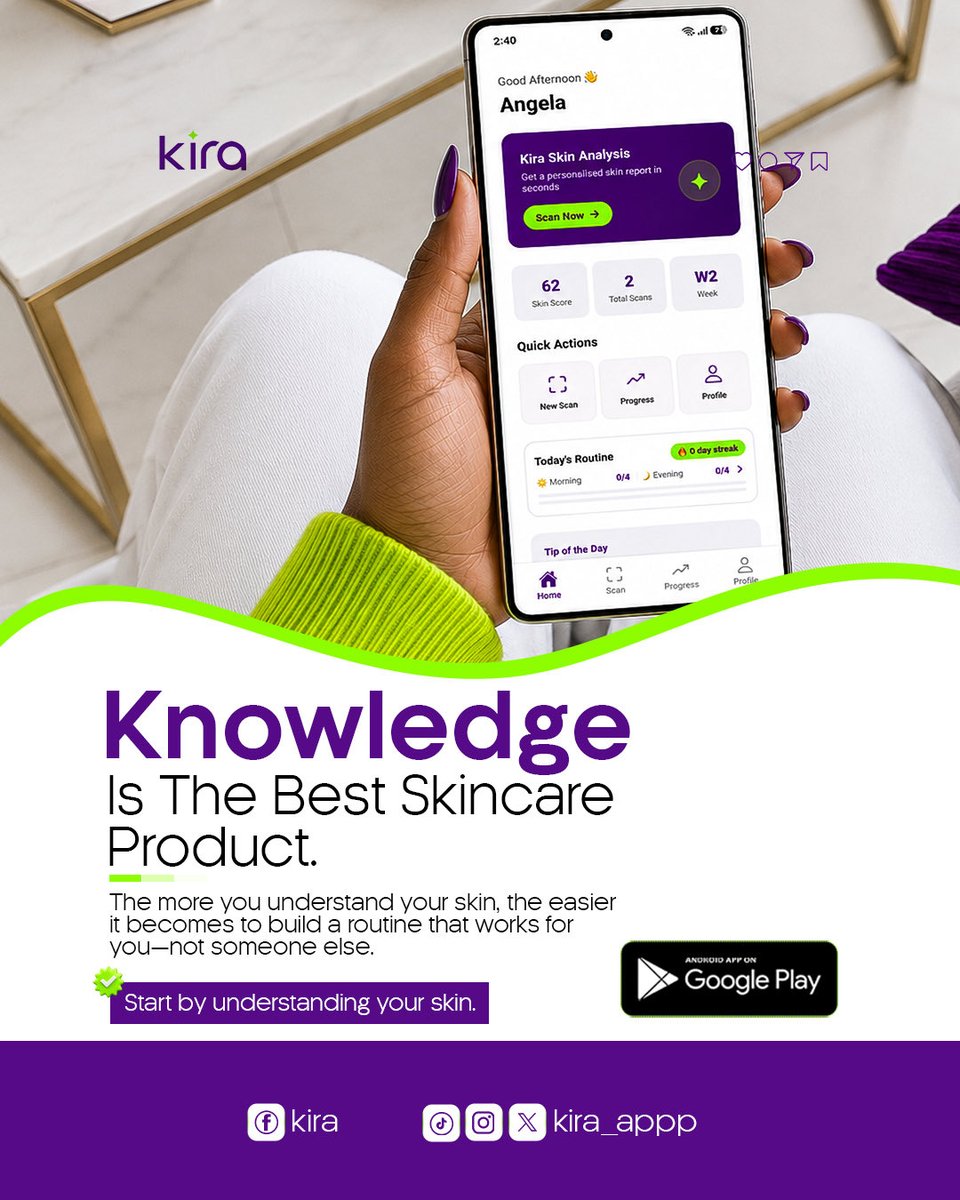 Kira_appp's tweet photo. Knowledge is the best skincare investment. 

Know your skin before you buy another product. Scan with Kira and get personalized skincare recommendations in seconds.

📲 Download on Google Play.

#KiraApp #SkinAnalysis #SmartSkincare #HealthySkin #KnowYourSkin #GooglePlay https://t.co/K9XpeVnxFG