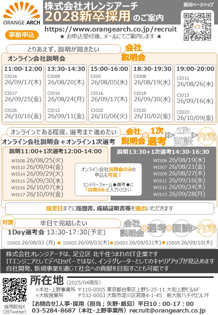orangearch_rec's tweet photo. 【#オレンジアーチ】#2028年 #新卒採用 
●まず聞きたい⇒オンライン説明
●ある程度進めたい⇒オンライン会社説明＋オンライン1次選考
●1回完結対面⇒1Day選考会 (会社説明＋選考＋面談) https://t.co/wLF5zYLi89
#いっしょに働こう
#スペシャリスト集団
#理系 #文系 #第二新卒 #未経験 #エンジニア https://t.co/EXfZIoRY7S