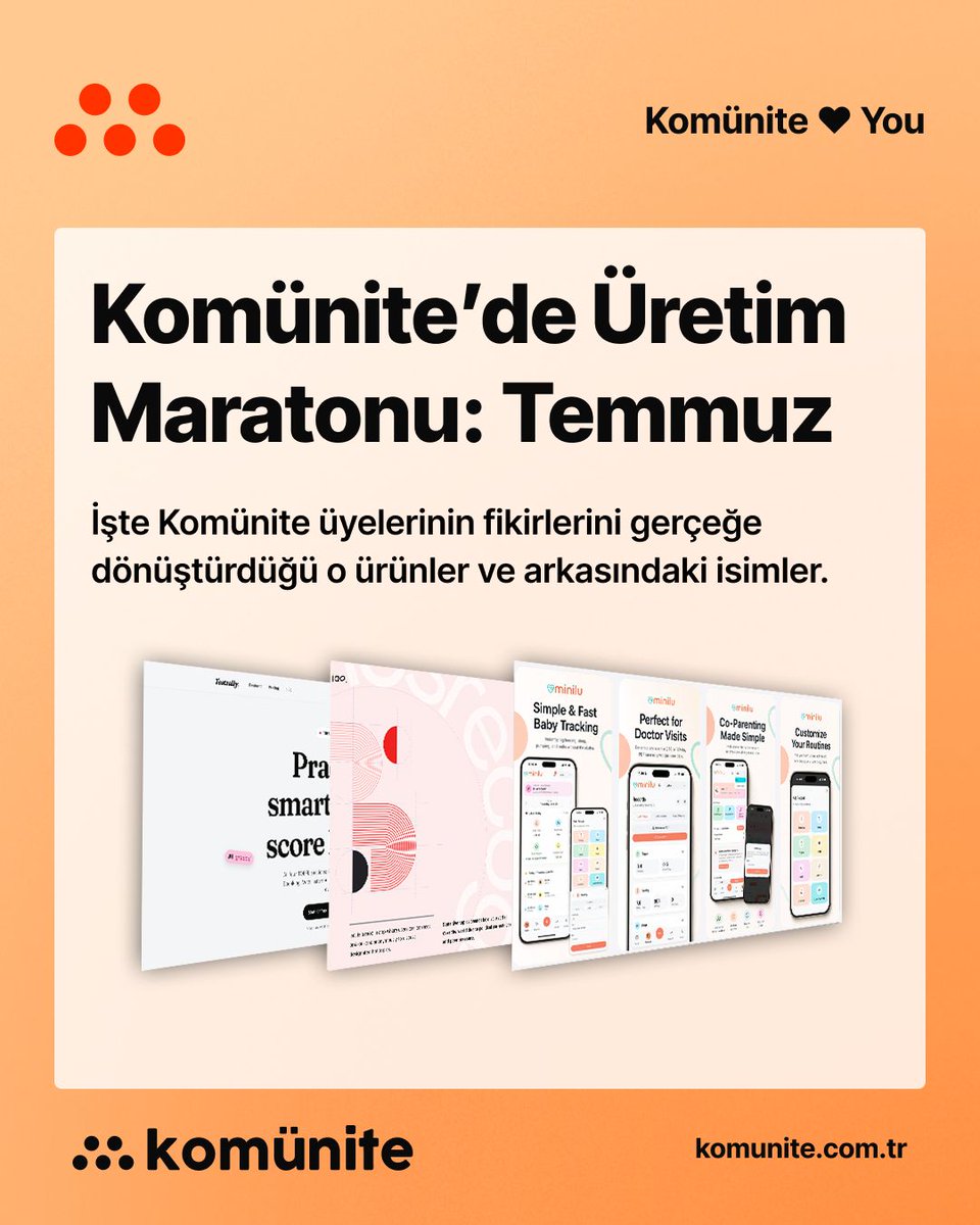 komunitecomtr's tweet photo. Komünite'de Üretim Maratonu: Temmuz 🚀

Yaz sıcakları bizi yavaşlatmadı, aksine vites artırdık! Üyelerimizin Temmuz ayında fikirden koda, koddan gerçeğe dönüştürdüğü tam 18 yeni girişim bu flood'da. 👇

Günlük hayatı, ebeveynliği ve ev yönetimini çok daha kolay ve düzenli hale getiren çözümler;

👶 Minilu - @duyguholat
🏠 Master of Home - @Aykut_OZYAYIKCI
🐾 My Lovely Pet Journal - @atakanzengin