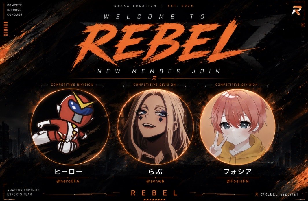 REBEL_esports1's tweet photo. NEW MEMBER/NEW ERA🔥📝
━━━━━━━━━━━━━━━━
競技部門
@FosiaFN 
@hero0FA 
@zvnwb 
 
この加入が、REBELの未来を変える。
これからも応援よろしくお願いします🔥
#REBEL #Fortnite #RBLwin https://t.co/Zg2oNf5IYo