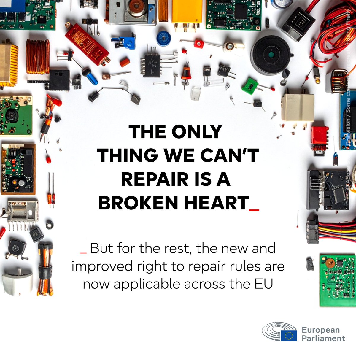 Europarl_EN's tweet photo. Still working? Don't throw it away.

The right to repair is being boosted by making repair more appealing and affordable to consumers. Spare parts at fair prices, repair information, timely repairs and more. https://t.co/KCQG9l4Zam