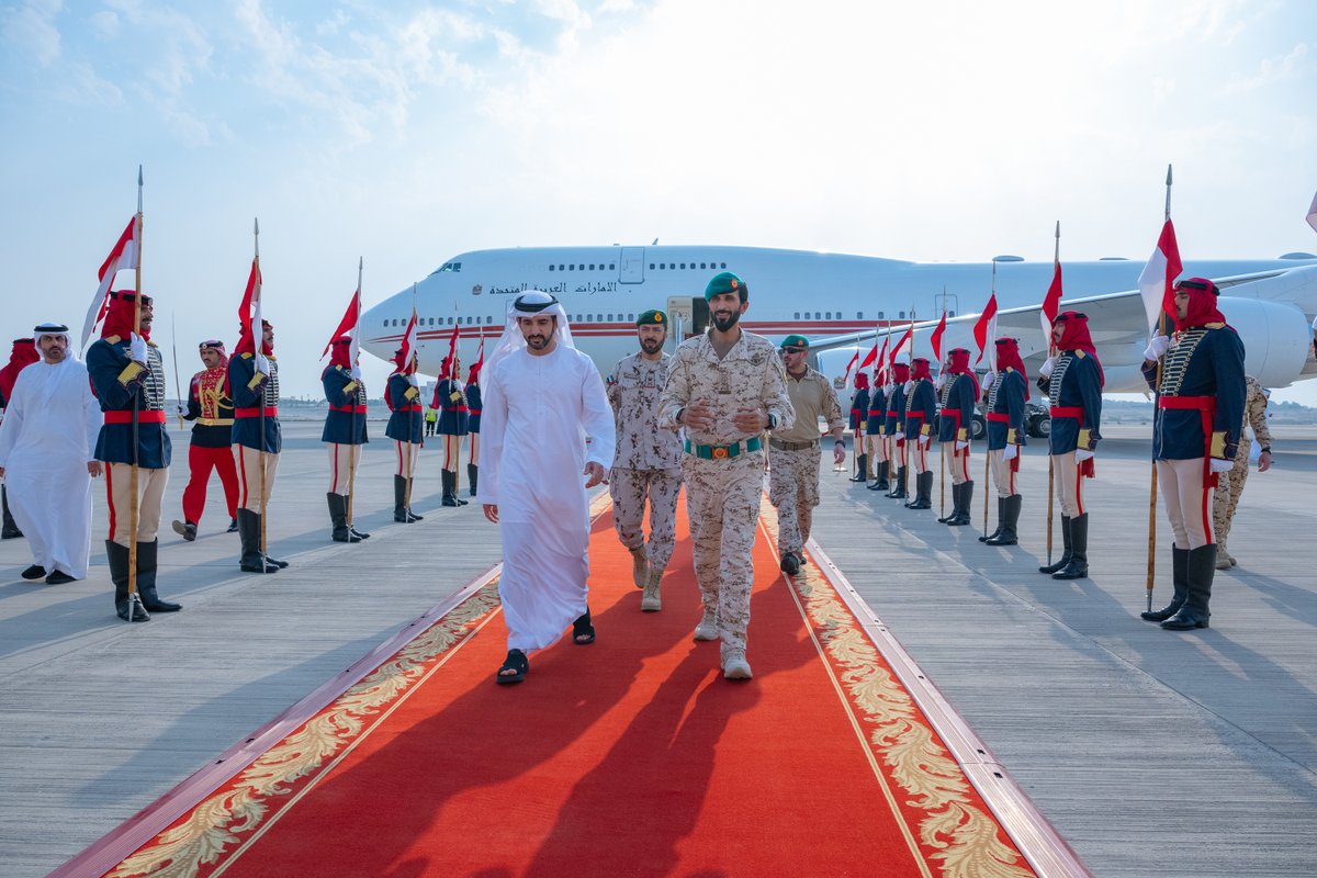 DXBMediaOffice's tweet photo. The King of Bahrain receives Hamdan bin Mohammed in the presence of Nasser bin Hamad and Khalid bin Hamad. The meeting took place at the start of Hamdan bin Mohammed’s visit, during which he witnessed the ‘Bahrain Shield’ joint military exercise, hosted by the Bahrain Defence Force with the participation of the Mohamed bin Zayed Squadron, forces from GCC countries, the Peninsula Shield Force and Saudi Arabia.
