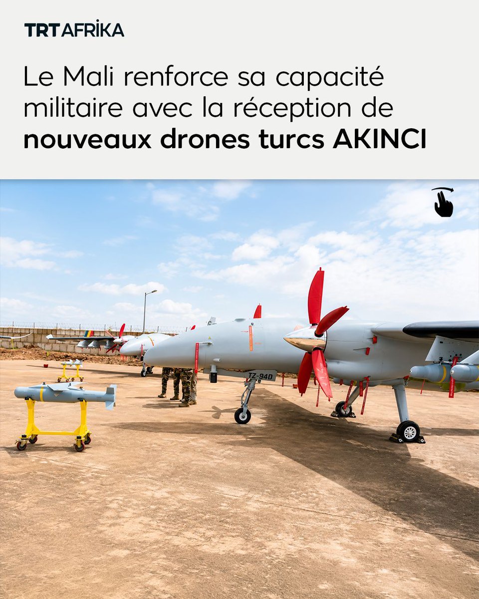 trtafrikaFR's tweet photo. Le Mali a réceptionné, jeudi 30 juillet à Sévaré, des drones de combat AKINCI destinés aux Forces armées maliennes (FAMa). Les appareils ont été remis par le ministre délégué auprès du ministre de la Défense et des Anciens Combattants, le général de division Oumar Diarra, au chef d’état-major général des Armées, le général de division Elise Jean Dao, avant leur transfert au chef d’état-major de l’Armée de l’Air, le général de brigade Alou Boï Diarra. Cette acquisition s’inscrit dans la stratégie de modernisation des équipements militaires et vise à renforcer les capacités opérationnelles des FAMa dans la lutte contre le terrorisme