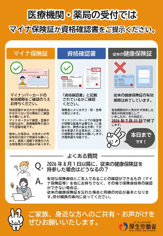 MHLWitter's tweet photo. 【医療機関等の受付で提示するもの】

医療機関等では、
#マイナ保険証 （マイナンバーカード）か
資格確認書をご提示ください。

従来の健康保険証の有効期限は終了しています。
有効期限切れに気付かず持参した場合は利用可能としていましたが、その対応も、本日2026年7月31日で終了します。 https://t.co/wH6Z6GaPLm