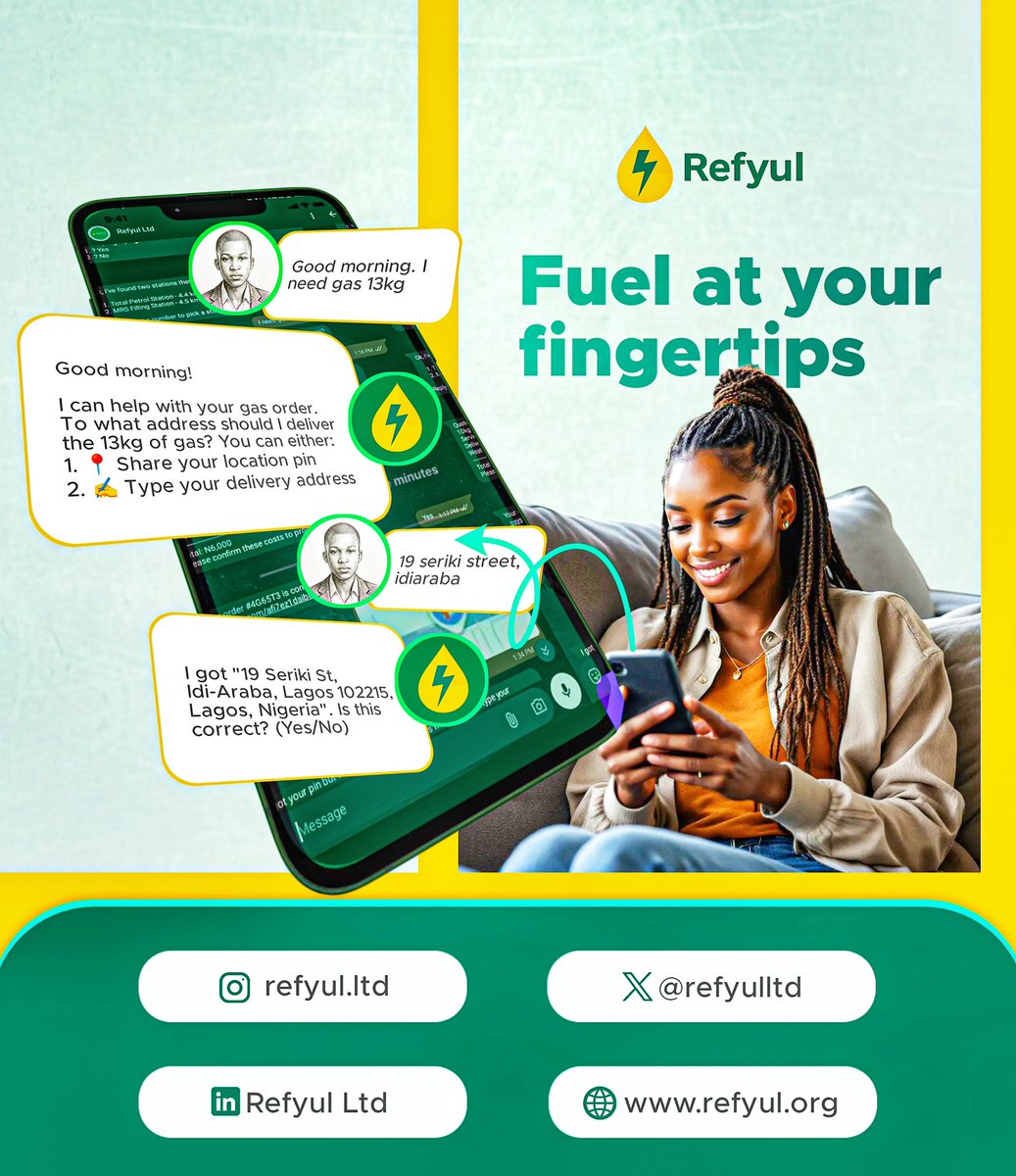 refyulltd's tweet photo. No app. No stress.

Just DM us on WhatsApp, drop your location, and gas is on the way. ⛽📱

Fuel at your fingertips.

#Refyul #whatsapp https://t.co/ZtDlOJ69dy