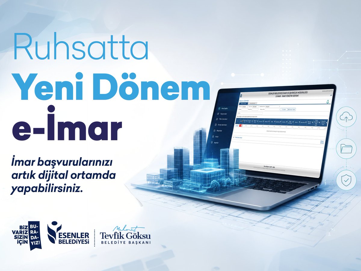 esenlerbelediye's tweet photo. İmar işlemleriniz artık bir tık uzağınızda! 💻

"e-İmar" sistemi ile başvurularınızı dijital ortamda hızlı, güvenli ve kolay bir şekilde tamamlayabilir, işlemlerinizi daha hızlı takip edebilirsiniz.

🔗 https://t.co/FywguSHPVH https://t.co/ZBsRU8imGc