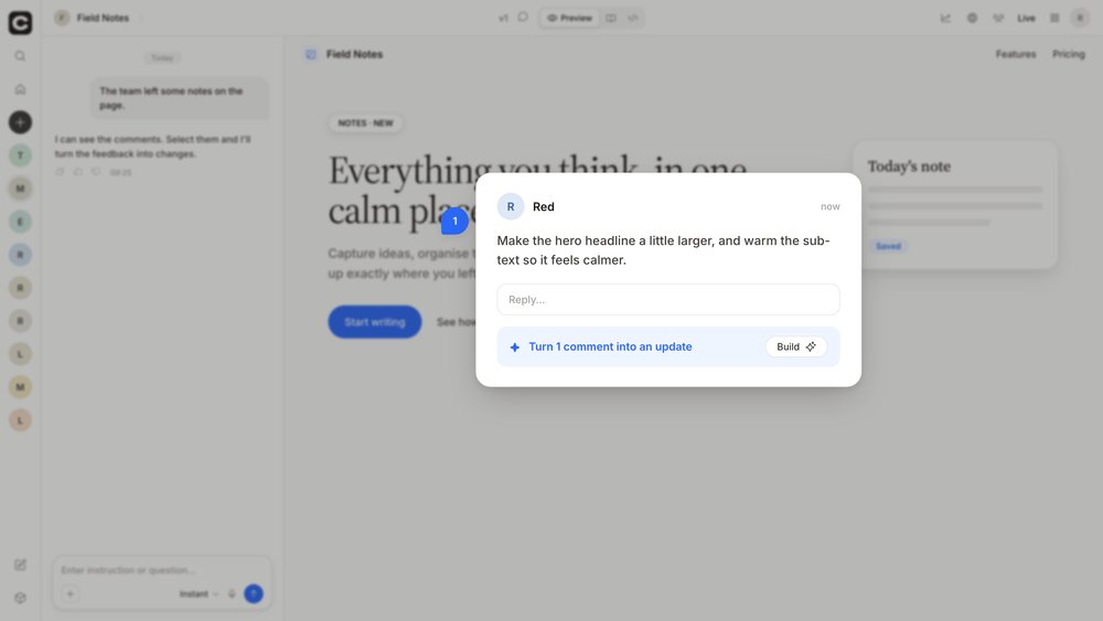 caffeineai's tweet photo. Feedback on an app usually ends up buried in a chat thread nobody acts on.

In Caffeine you leave a comment right on the app, where the change should go. Then you pick the comments you want and hit Build, and it makes the changes for you. https://t.co/N2G4fYq0Df