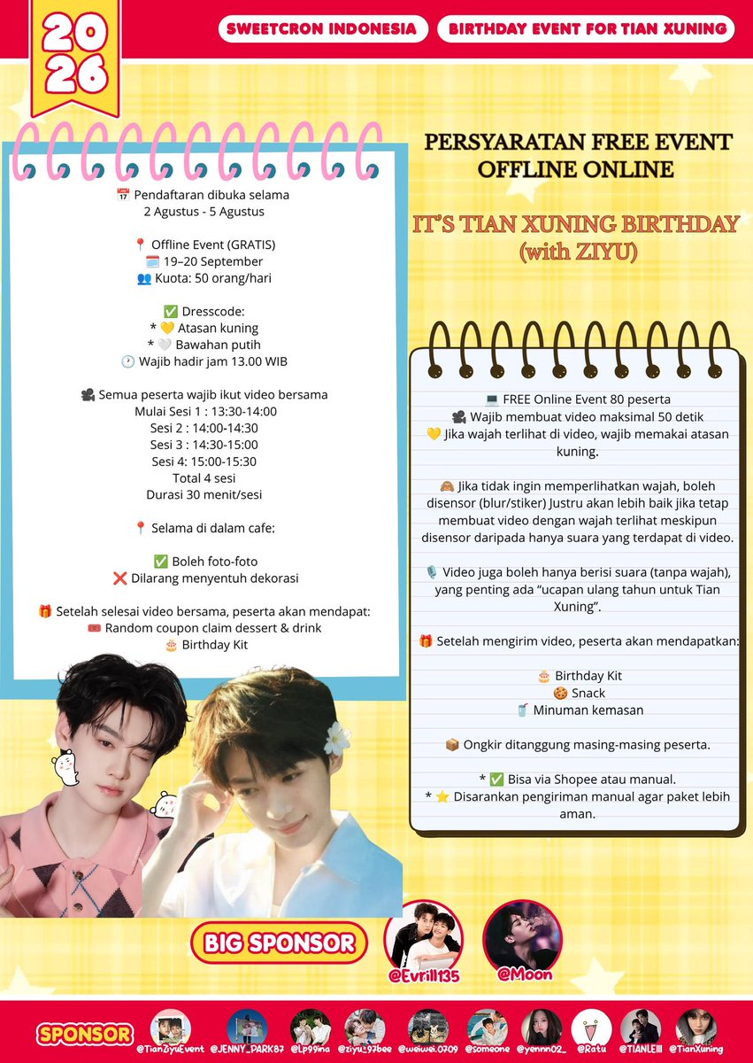 tokobwah's tweet photo. 🎉 It's Tian Xuning Birthday with Ziyu!
31 Jul — T&amp;C 1 Aug — Poster 2 Aug — Registration

📍19–20 Sept: Offline Café 📍19 Sept: LED + Café 📍Online Event

✨ This event FREE in Jakarta✨
 💛 our amazing sponsors 

Read T&amp;C carefully &amp; stay tuned!
 Follow up @TianZiYuEvent https://t.co/Piv047sEIX