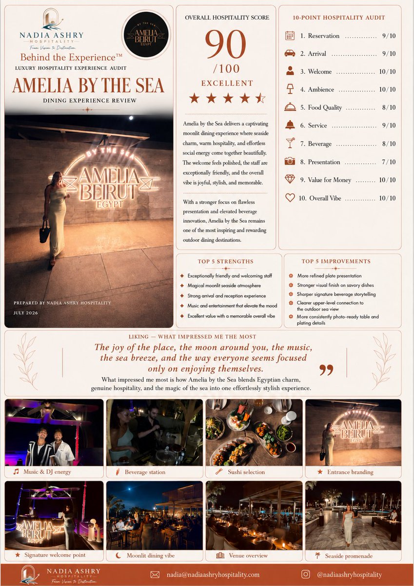 nadia_ashry9's tweet photo. Let’s go Behind the Experience ✨

A full hospitality journey at @amelia.bythesea                  where moonlit seaside dining, warm hospitality, music, and a beautifully social atmosphere come together in one memorable experience.

Overall Hospitality Score: 90/100 — Excellent.

What stood out the most?
The joyful vibe, the sea breeze, the moonlit setting, and the way everyone seemed truly focused on enjoying the moment.

#BehindTheExperience #NadiaAshryHospitality #AmeliaByTheSea #NadiaAshry #QueenOfHiddenGems