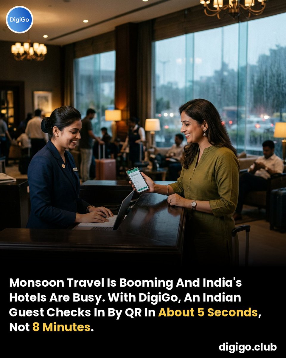 digigoclub's tweet photo. Monsoon travel in India is booming and hotels need faster check-in. 

DigiGo, India's digital check-in and KYC platform for hotels, checks an Indian guest in by QR in about 5 seconds, not 8 minutes.

Check out https://t.co/S6Cu4NkrDV

#HotelTech #DigitalCheckIn #India #DigiGo https://t.co/HgaCAKLh3O