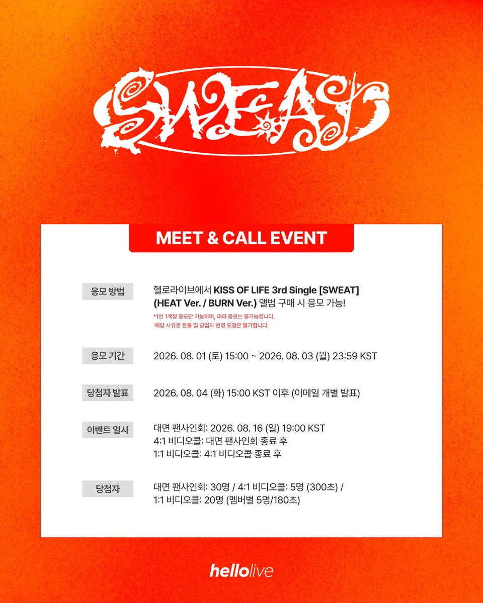 hellolivetv's tweet photo. #hellolive_NEW
KISS OF LIFE 3rd Single [SWEAT] 발매기념
❤️‍🔥MEET&CALL EVENT❤️‍🔥

🔔 이벤트 일시 : 8월 16일 (일) 19:00 (KST)
🔗 https://t.co/JQwgZFeRqp

🔎 응모자 특전
헬로라이브 단독 미공개 포토카드
대면 팬사인회: 🐹기니피그🐽 ver.
4:1 비디오콜: 🍒체리🍒 ver.
1:1 비디오콜: 🍀행운🍀 ver. (후면: 손글씨)

✨ 당첨자 특전
대면 팬사인회: 사인 폴라로이드 (당첨자 전원)
4:1 비디오콜: 사인 포토카드 세트 (당첨자 전원)
1:1 비디오콜: 사인 폴라로이드 (당첨자 전원)
#KISSOFLIFE #키스오브라이프 #KIOF #키오프

#SWEAT