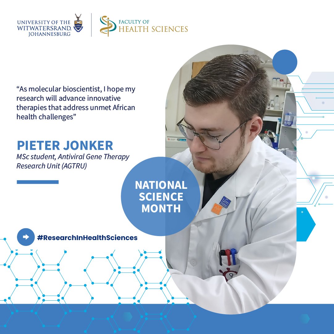 WitsUniversity's tweet photo. π§ͺ National Science Month | Research in Health Sciences πποΈ
Pieter Jonker, an MSc student at AGTRU, hopes his research will advance innovative therapies that address unmet African health challenges.
#WitsForGood #NationalScienceMonth #WitsResearch https://t.co/jp2Vwm6hY5