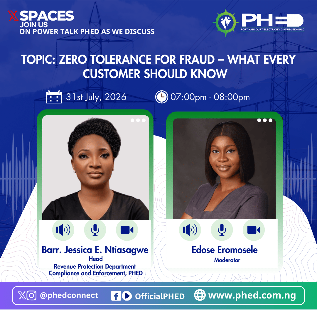 PHEDconnect's tweet photo. Happening Today!

Don't let fraudsters fool you.

Join PHED X Spaces as we discuss:

Zero Tolerance for Fraud – What Every Customer Should Know

🗓️Today | Time: 7:00 PM
Learn how to spot scams, protect yourself, and report fraud.

Join here: https://t.co/wDsr4Csi4p

#ZeroToleranceForFraud #PHED #FraudAwareness #Xspaces