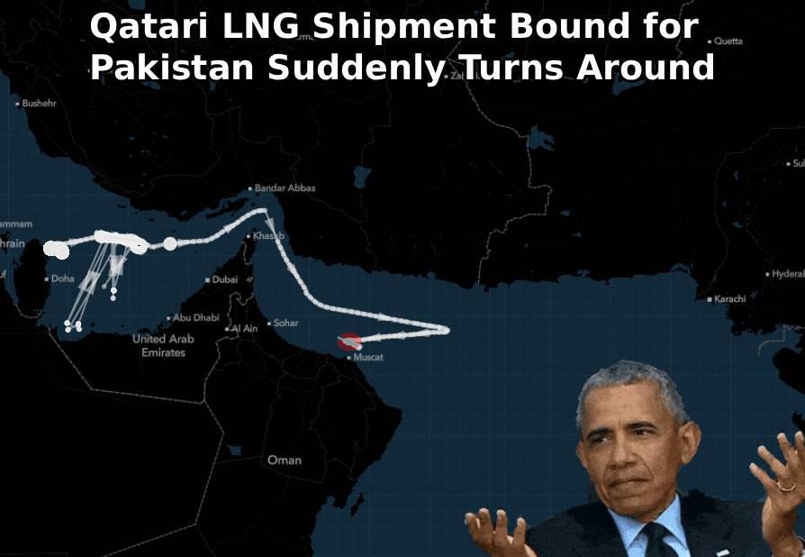 SStapczynski's tweet photo. Qatari LNG shipment bound for Pakistan suddenly u-turns 🚢🤔

Pakistan had negotiated with Iran for its safe passage through Hormuz

It isn't clear why the ship paused the journey (I must note that it is normal for ships to sometimes tread water ahead of scheduled delivery) https://t.co/0r67e3UXO7