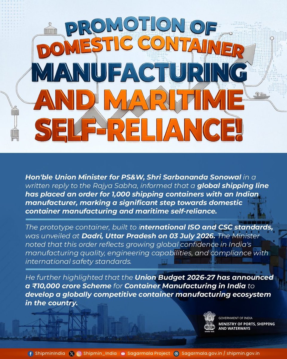 PIB_ShipMin's tweet photo. A global shipping line has placed an order for 1,000 Made-in-India shipping containers, reinforcing international confidence in India’s manufacturing excellence and engineering capabilities.
#MaritimeIndia #AatmanirbharBharat #Shipping #ContainerManufacturing #MakeInIndia https://t.co/vCmevlqiRf