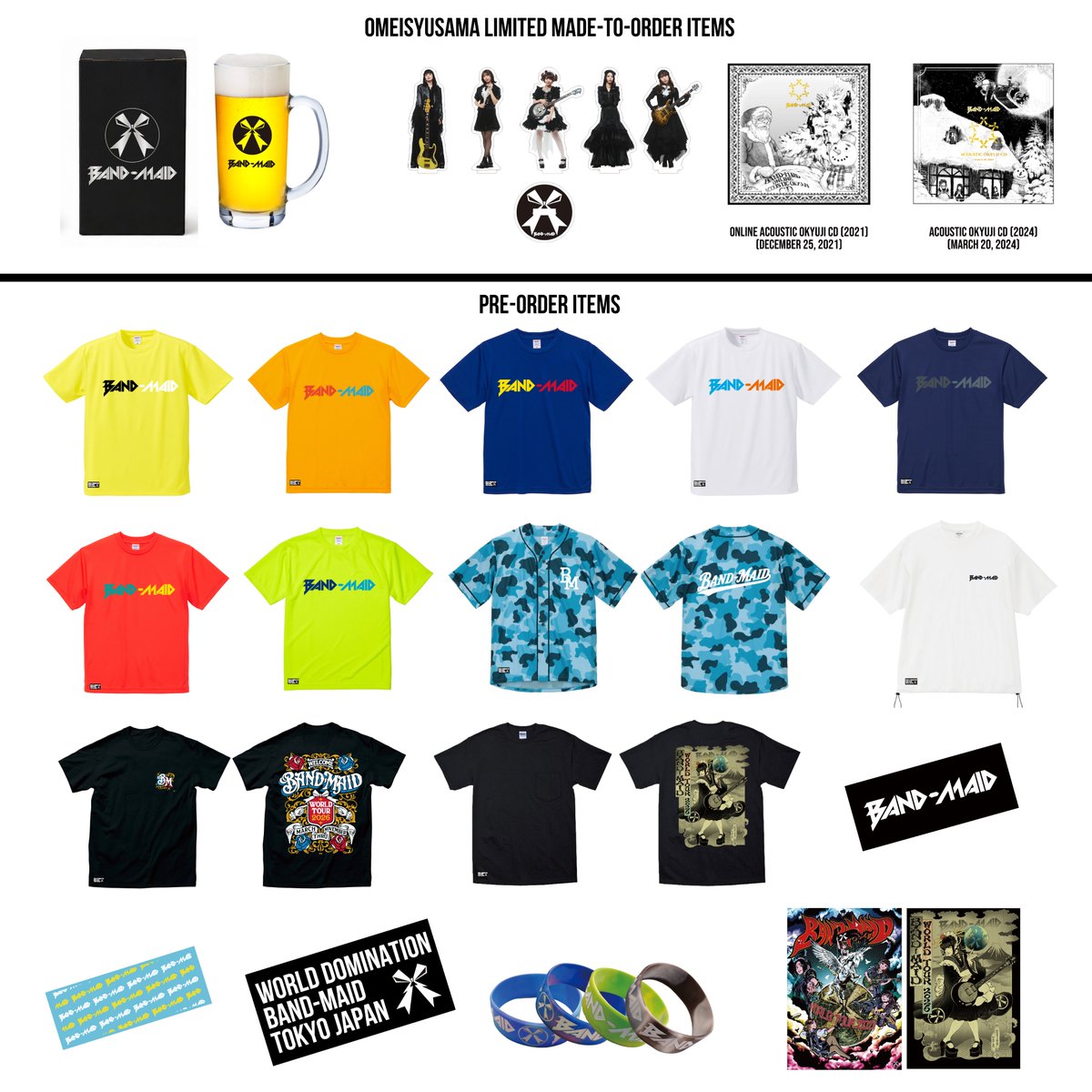 bandmaid's tweet photo. [NEWS / FES / MERCH]
8/1(土)#NUMBERSHOT
8/2(日)#ジャイガ
BAND-MAID Merch Line Up Updated!!
DRY-TやDRY BB-SHIRTなど夏フェスアイテムが登場！

購入方法などの詳細はフェス公式サイトをご覧ください。
NUMBER SHOT 2026
https://t.co/7EdASG3UpZ
OSAKA GIGANTIC FESTIVAL 2026
https://t.co/i1TmOP9rVe

また、8/1  22:00~より、受注販売も行います。
詳細は下記よりご覧ください。
BAND-MAID ONLINE SHOP Update Information
https://t.co/pB3gMNaLAG

---------------
[NEWS / FES / MERCH]

Aug. 1 –  NUMBERSHOT
Aug. 2 –  GIGA
The BAND-MAID merch line-up updated!!

Summer festival items, including the DRY T-shirt and DRY BB SHIRT, will be available!

For details on how to purchase, please visit the official festival websites.

NUMBER SHOT 2026
https://t.co/7EdASG3UpZ

OSAKA GIGANTIC FESTIVAL 2026
https://t.co/XaO9py8lVH

Online pre-orders will also begin at 10:00 PM (JST) on Aug. 1.
For more details, please see:

BAND-MAID ONLINE SHOP Update Information
https://t.co/pB3gMNaLAG

#bandmaid
