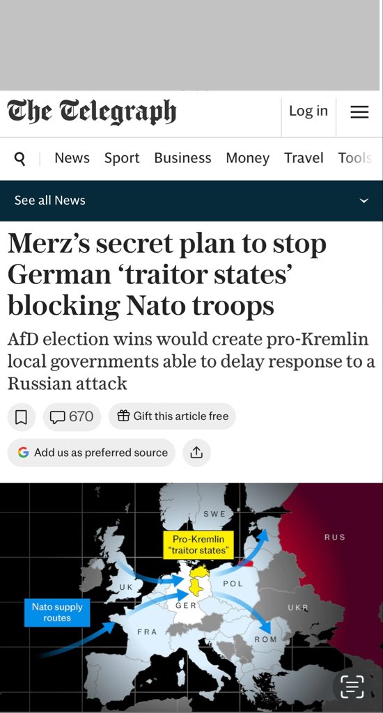 AlternatNews's tweet photo. Merz has secretly plan to advance NATO to stop German opposition party - The Telegraph

In the case of a federal state being run by the AFD, Merz will block that state from security briefings and take away the powers that Federal States still have. 

Germans increasingly disagree with Merz and move to the opposition AFD party, which favors peace in Ukraine and promotes reestablishing beneficial ties with Russia. 

The German pro-NATO establishment kept AFD down after they were winning an election, by creating an artificial coalition of the losers. However, now is the time when AFD will likely win an outright majority, in some federal states, and therefore artificial coalitions are no longer a solution.