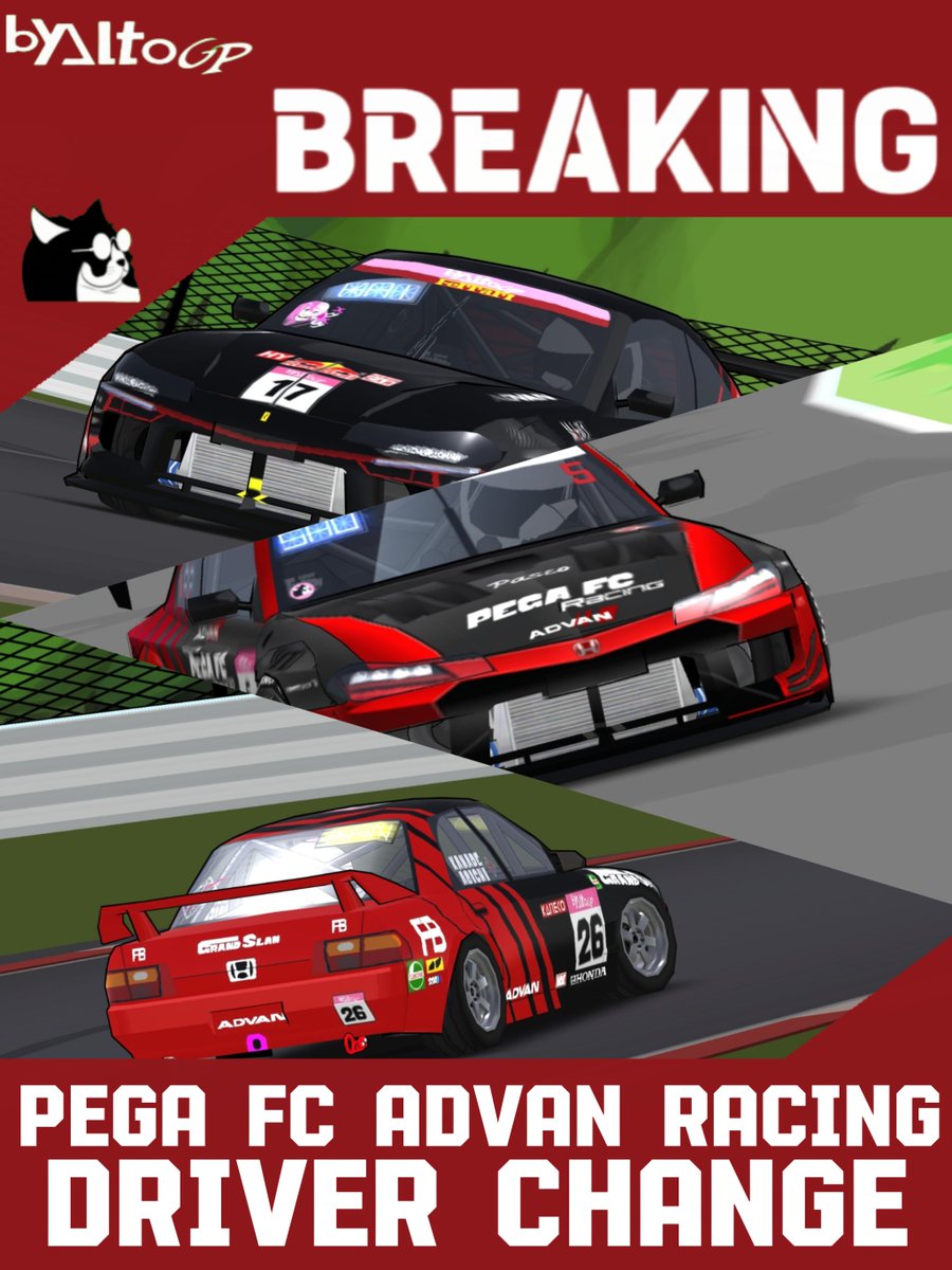 byaltogp's tweet photo. 【BREAKING】
PegaFC ADVAN Racingドライバー交代を発表

#5 SHOMIN 1ST→REVERSE2

#17 KAIKKONEN 2ND→1ST

#26 KANADE REVERSE1→2ND

#61 URU REVERSE2→REVERSE1

#FRLegends 
#byaltogp https://t.co/WEmrQh0x2s