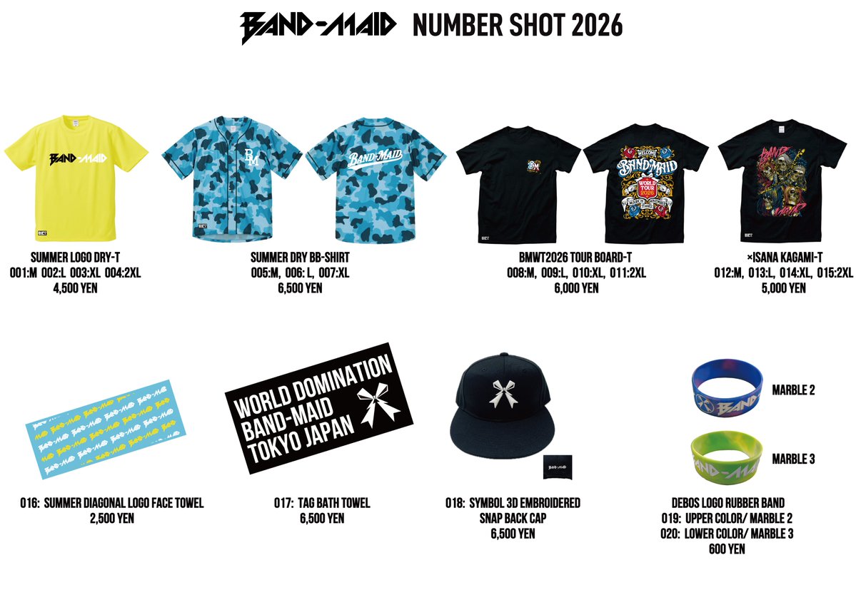bandmaid's tweet photo. [NEWS / FES / MERCH]
8/1(土)#NUMBERSHOT
8/2(日)#ジャイガ
BAND-MAID Merch Line Up Updated!!
DRY-TやDRY BB-SHIRTなど夏フェスアイテムが登場！

購入方法などの詳細はフェス公式サイトをご覧ください。
NUMBER SHOT 2026
https://t.co/7EdASG3UpZ
OSAKA GIGANTIC FESTIVAL 2026
https://t.co/i1TmOP9rVe

また、8/1  22:00~より、受注販売も行います。
詳細は下記よりご覧ください。
BAND-MAID ONLINE SHOP Update Information
https://t.co/pB3gMNaLAG

---------------
[NEWS / FES / MERCH]

Aug. 1 –  NUMBERSHOT
Aug. 2 –  GIGA
The BAND-MAID merch line-up updated!!

Summer festival items, including the DRY T-shirt and DRY BB SHIRT, will be available!

For details on how to purchase, please visit the official festival websites.

NUMBER SHOT 2026
https://t.co/7EdASG3UpZ

OSAKA GIGANTIC FESTIVAL 2026
https://t.co/XaO9py8lVH

Online pre-orders will also begin at 10:00 PM (JST) on Aug. 1.
For more details, please see:

BAND-MAID ONLINE SHOP Update Information
https://t.co/pB3gMNaLAG

#bandmaid