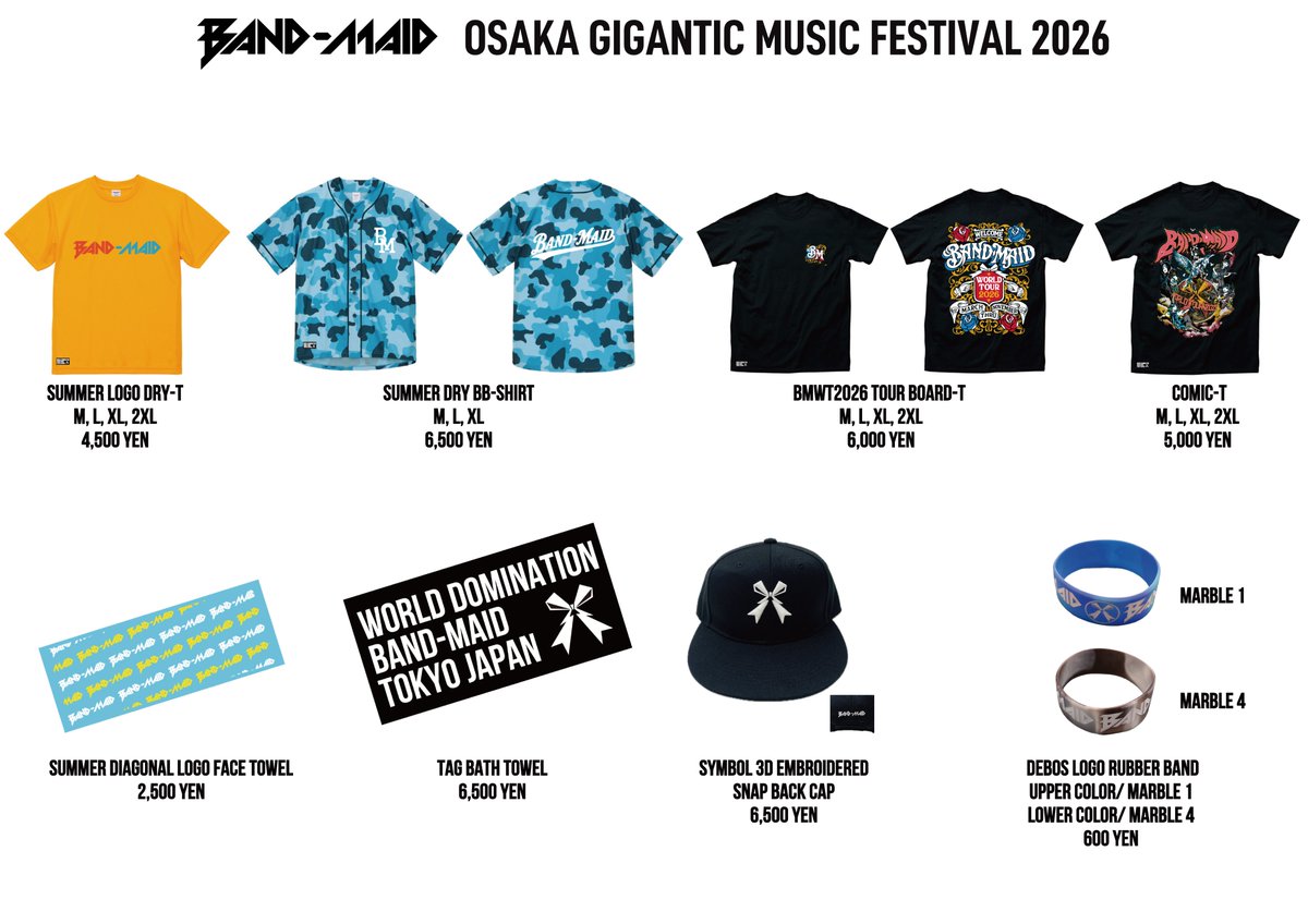 bandmaid's tweet photo. [NEWS / FES / MERCH]
8/1(土)#NUMBERSHOT
8/2(日)#ジャイガ
BAND-MAID Merch Line Up Updated!!
DRY-TやDRY BB-SHIRTなど夏フェスアイテムが登場！

購入方法などの詳細はフェス公式サイトをご覧ください。
NUMBER SHOT 2026
https://t.co/7EdASG3UpZ
OSAKA GIGANTIC FESTIVAL 2026
https://t.co/i1TmOP9rVe

また、8/1  22:00~より、受注販売も行います。
詳細は下記よりご覧ください。
BAND-MAID ONLINE SHOP Update Information
https://t.co/pB3gMNaLAG

---------------
[NEWS / FES / MERCH]

Aug. 1 –  NUMBERSHOT
Aug. 2 –  GIGA
The BAND-MAID merch line-up updated!!

Summer festival items, including the DRY T-shirt and DRY BB SHIRT, will be available!

For details on how to purchase, please visit the official festival websites.

NUMBER SHOT 2026
https://t.co/7EdASG3UpZ

OSAKA GIGANTIC FESTIVAL 2026
https://t.co/XaO9py8lVH

Online pre-orders will also begin at 10:00 PM (JST) on Aug. 1.
For more details, please see:

BAND-MAID ONLINE SHOP Update Information
https://t.co/pB3gMNaLAG

#bandmaid
