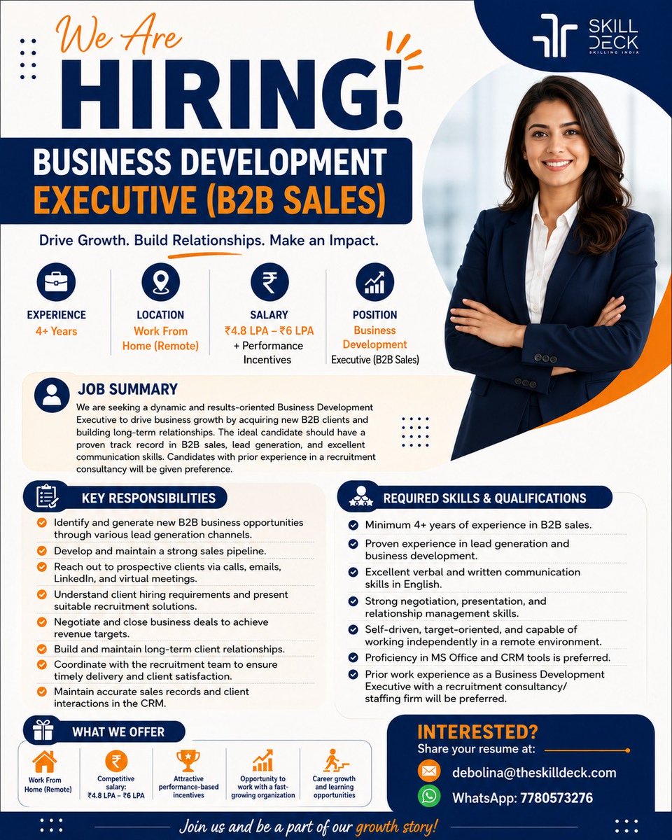deck_skill's tweet photo. 🚀 **We're Hiring | Business Development Executive (B2B Sales)**

Are you a results-driven sales professional with a passion for building client relationships? Join **SkillDeck** and be part of a fast-growing organization where your skills and ambition can make a real impact. https://t.co/2B8CYYxUpI