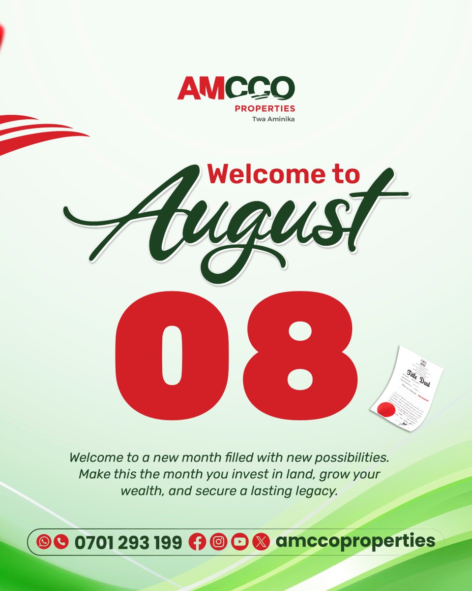 AmccoProperties's tweet photo. August is here... and your landlord is still expecting rent. This is the month you start building your future. Own your piece of land and take the first step toward becoming a homeowner.

Call 0701 293 199 and secure your plot today.

#augustgoals #newmonth #investinland #plotsforsale #amccoproperties #landinvestment