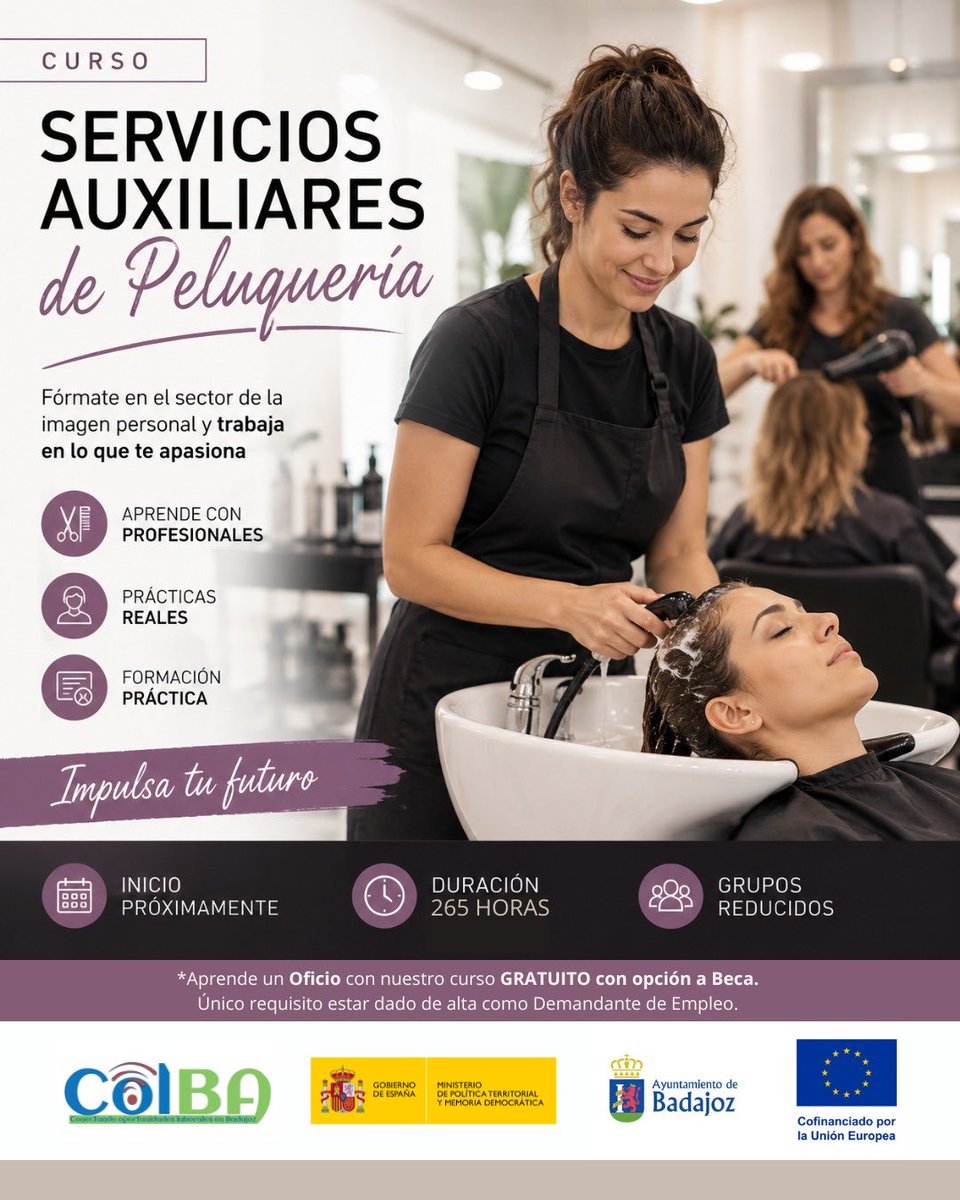 FormacionBJZ's tweet photo. 🏊‍♂️ Últimas plazas para participar en la acción formativa destinada a obtener el Certificado de Profesionalidad de Servicios Auxiliares de Peluquería, incluida en la tercera edición del proyecto #COLBA.

El curso es gratuito, cuenta con posibilidad de beca. https://t.co/gaIfN6AGxb