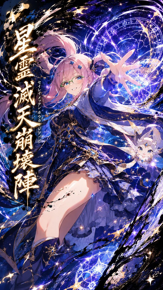 uhaoke_stamp's tweet photo. #君の魔法を見せてくれ
#うはおけプロンプト

さて、武器に続き魔法バージョンです☺

エフェクトがなんかすごいんだぜ！✨

今回は小さな精霊が魔力をブーストしてくれるぞ！🌀

是非楽しんでくれ〜い♪
アレンジも好き放題どうぞ！

■プロンプト■
リファレンス画像のキャラクターの顔立ち、髪型、髪色、瞳、表情の雰囲気、年齢感、体型、キャラクター性を忠実に維持する。キャラクターが映画のクライマックスのような迫力あるアクションシーンで、圧倒的な魔法を放っている瞬間を描く。身体を大きくひねり、衣装や髪が激しくなびく躍動感のあるポーズ。ダイナミックなローアングル構図と遠近感を活かし、スピード感あふれる演出。魔法の属性（炎・氷・雷・風・光・闇・星・自然など）はキャラクターの雰囲気からAIが最も似合うものを自動選択し、その属性に合わせた圧倒的に美しい魔法陣、光粒子、オーラ、残像、衝撃波、エネルギーの奔流を描く。キャラクターの近くには同じ属性を宿した小さく可愛らし��精霊が寄り添い、共鳴するように輝いている。衣装は属性をイメージした高級感のあるスタイリッシュな魔法使いの衣装へ変更し、ローブ、装飾、マント、宝石、魔法紋様などを美しくデザインする。キャラクターと魔法エフェクトの輪郭には大胆で力強い墨絵の筆致を取り入れ、和とファンタジーが融合した唯一無二の表現にする。背景は魔法によって空間が歪み、光や粒子が舞い散る幻想的な世界。映画のワンシーンのようなドラマチックなライティング、超高精細、美しい色彩、SNS映えする構図。画面の一部にはキャラクターの属性に合わせたオリジナル魔法名を、スタイリッシュなフォントで大きく配置し、発動演出の一部として自然に溶け込ませる。masterpiece、best quality、ultra detailed、cinematic lighting、dynamic composition、epic fantasy、high contrast、dramatic atmosphere、8K、圧倒的な迫力、美麗イラスト。