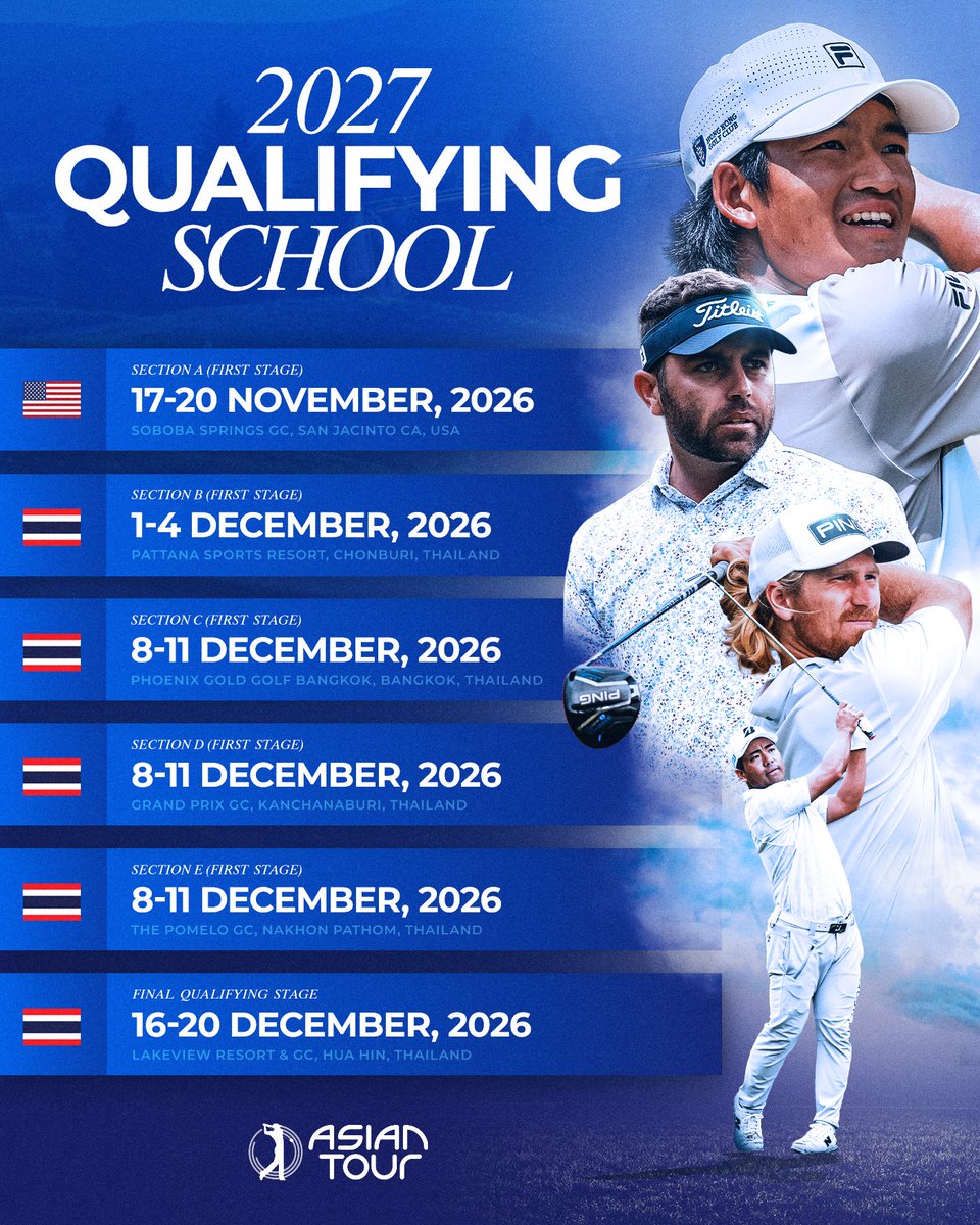 asiantourgolf's tweet photo. Your shot at an Asian Tour card starts here. 🏌️���♂️

Check out the 2027 Qualifying School schedule ⤵️ and get ready for the challenge. 💪

Registration opens on Wednesday, August 5, at 5pm Singapore time. Stay tuned for details on how to apply. https://t.co/OlUQt6nGIE