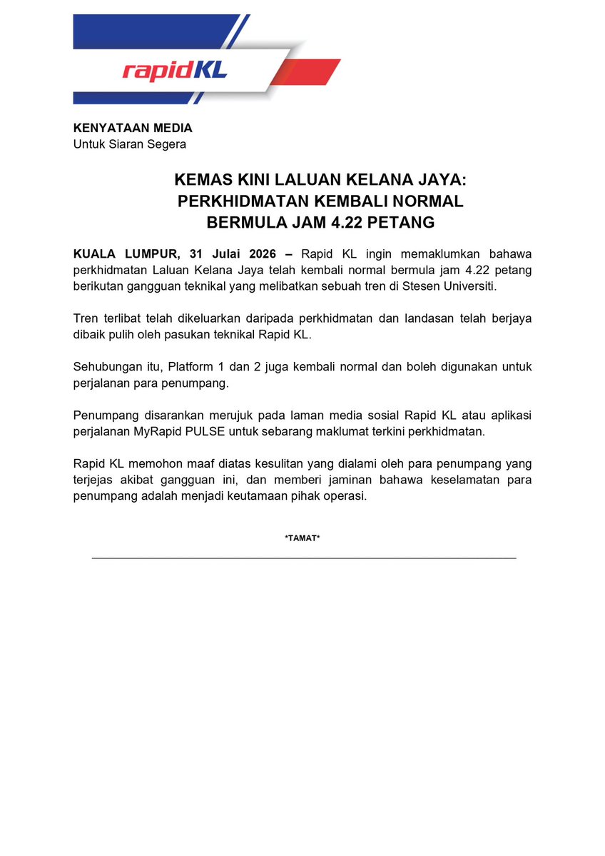 myrapidkl's tweet photo. Kenyataan Media

KEMAS KINI LALUAN KELANA JAYA: PERKHIDMATAN KEMBALI NORMAL BERMULA JAM 4.22 PETANG https://t.co/eJ8TnSqefk