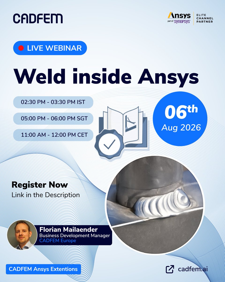 cadfem_in's tweet photo. Join our upcoming webinar to discover how Weld Inside ANSYS simplifies the strength and fatigue assessment of welded structures directly within ANSYS Workbench.
Register now: https://t.co/DfOEMU4QwM
#CADFEM #Ansys #Simulation #CAE #StructuralAnalysis #FatigueAnalysis https://t.co/BFI54uxSKx