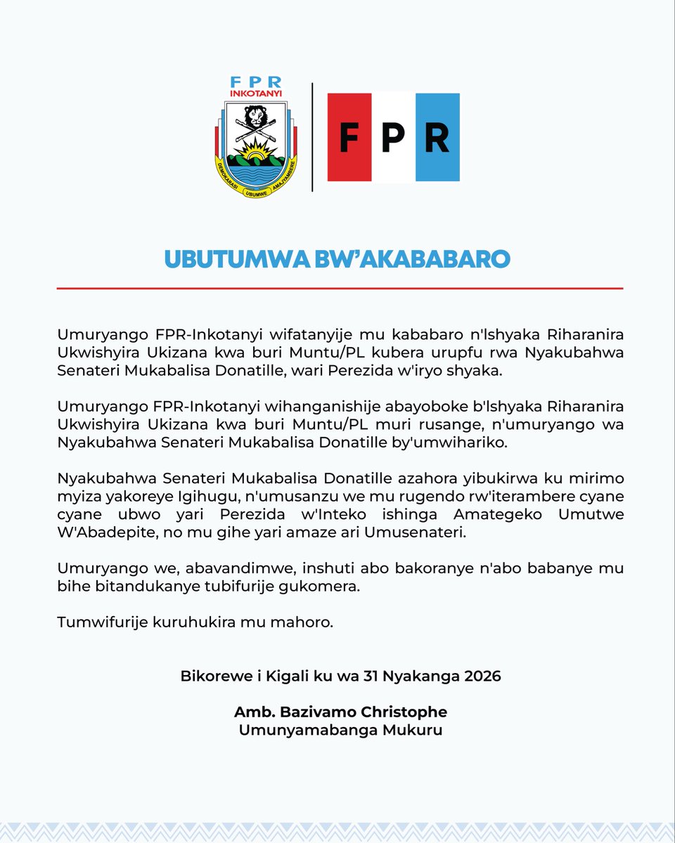 rpfinkotanyi's tweet photo. Umuryango FPR-Inkotanyi wifatanyije mu kababaro n'lshyaka Riharanira Ukwishyira Ukizana kwa buri Muntu @PL_Rwanda kubera urupfu rwa Nyakubahwa Senateri Mukabalisa Donatille, wari Perezida w'iryo shyaka. https://t.co/rqZMPSUCOv