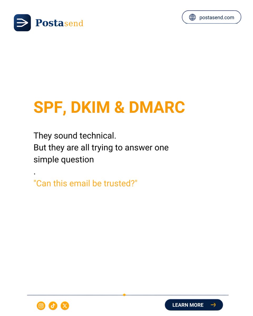 postasend's tweet photo. Most developers have heard of SPF, DKIM, and DMARC. But what do they actually do?

In simple terms, they help prove your emails are legitimate and improve your chances of landing in the inbox instead of spam.

At PostaSend, we help you send emails with confidence. https://t.co/rIJL5WCXmg
