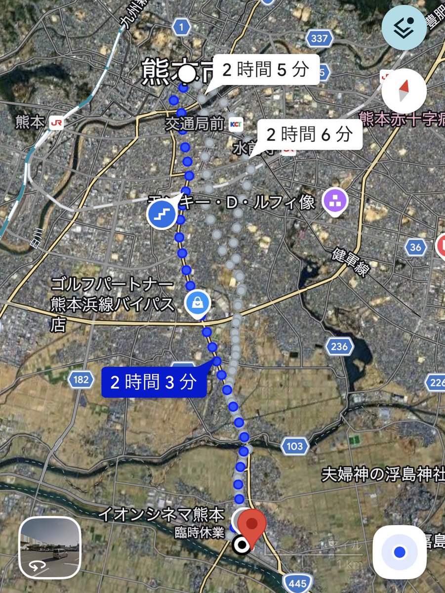 krknote's tweet photo. 嘉島町に住んでいれば徒歩で帰宅できないこともないだろうけど
例えば隣接する熊本市の中心部に自宅がある場合、夕方といえど猛暑日の中スマホ無し・財布無しで2時間かけて徒歩で移動することになる
(土地勘がないので行先は熊本市役所を設定)

また、鍵がなければ帰宅しても家に入ることができない https://t.co/EqskAykkEO