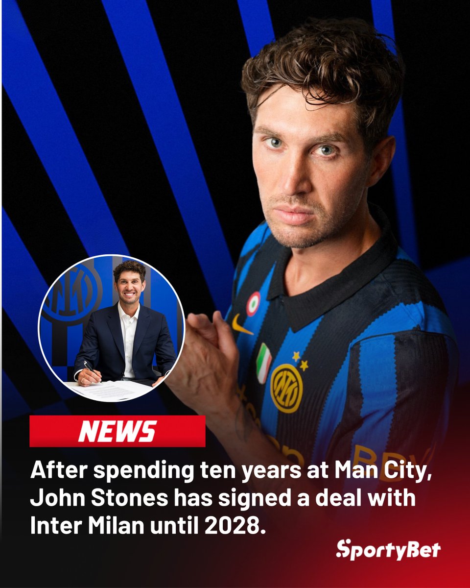 sportybetzm's tweet photo. 🚨 England international and former Manchester City defender John Stones has finalised a transfer to Italian club Inter Milan, putting pen to paper on a contract valid until the summer of 2028. 🔵⚫🏴
#TransferNews #JohnStones #Inter #SerieA https://t.co/naklywBeDK
