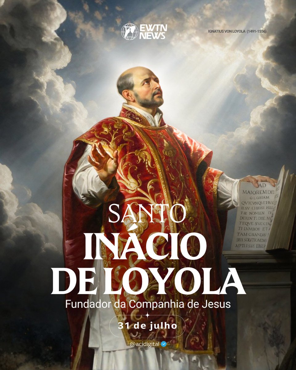 acidigital's tweet photo. Hoje (31) é a festa de santo Inácio de Loyola, fundador da Companhia de Jesus, conhecida como os jesuítas, ordem que desempenhou um papel importante na contrarreforma. O santo mestre dos discernimentos de espíritos é também padroeiro dos exercícios espirituais, dos retiros e dos soldados.

O processo de conversão de santo Inácio começou ao ler o livro ‘Vida de Cristo’, assim como ‘Flos sanctórum’. Ao refletir sobre essas leituras e a vida dos santos, questionava-se a si mesmo: “E se eu fizesse o mesmo que são Francisco ou são Domingos?”.

São João Paulo II assinalava que Inácio “soube obedecer quando, recuperando-se das suas feridas, a voz de Deus pulsou com força no seu coração. Foi sensível às inspirações do Espírito Santo”.

“Ad Majorem Dei Gloriam”, que significa em latim “Para a maior glória de Deus” foi o lema com o qual o santo mais se identificou, assim como “Rogue a Deus por todos os que como tu desejamos estender o Reino de Cristo, e fazer amar mais o nosso Divino Salvador”.

Uma das grandes obras deixadas por santo Inácio é o livro ‘Exercícios Espirituais’. O papa Pio XI indicou em uma oportunidade que o método inaciano de oração “guia o homem pelo caminho da própria abnegação e do domínio dos maus hábitos para os mais altos cumes da contemplação e o amor divino”.

Santo Inácio morreu no dia 31 de julho de 1556. Paulo V o beatificou em 1609 e foi canonizado por Gregório XV em 1622. Na cidade de Roma (Itália), os restos mortais do santo são venerados na Igreja de Jesus.

📌 Siga @acidigital para mais conteúdo católico.