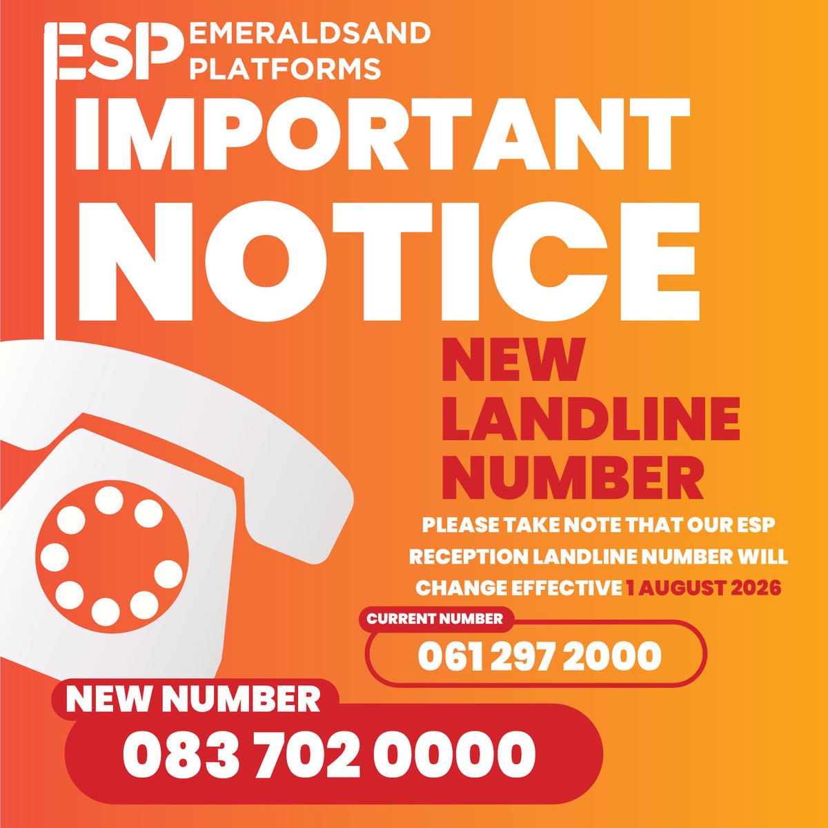 AZnamibia's tweet photo. ๐ Important Notice! ๐ข
Please take note that our ESP reception landline number is changing from 1 August 2026.
โ๏ธ New Number: 083 702 0000
Thank you for updating your records!
#EmeraldSandPlatforms #ESP #ImportantNotice #NewNumber #ContactUpdate #Namibia #CustomerNotice #StayConnected