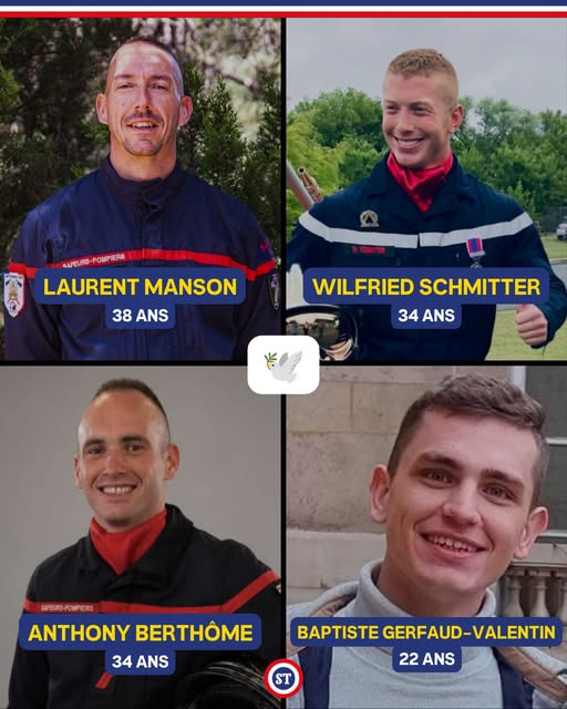 luckasdelille59's tweet photo. 🇫🇷 Laurent, Anthony, Wilfried, Baptiste, ces 4 pompiers nous ont quittés en luttant contre les incendies en France 📷
Laurent Manson, 38 ans
Anthony Berthôme, 34 ans
Wilfried Schmitter, 34 ans
Baptiste Gerfaud-Valentin, 22 ans
Pensées pour les familles, les proches et toutes les personnes qui luttent contre ce fléau 🙏🕊️