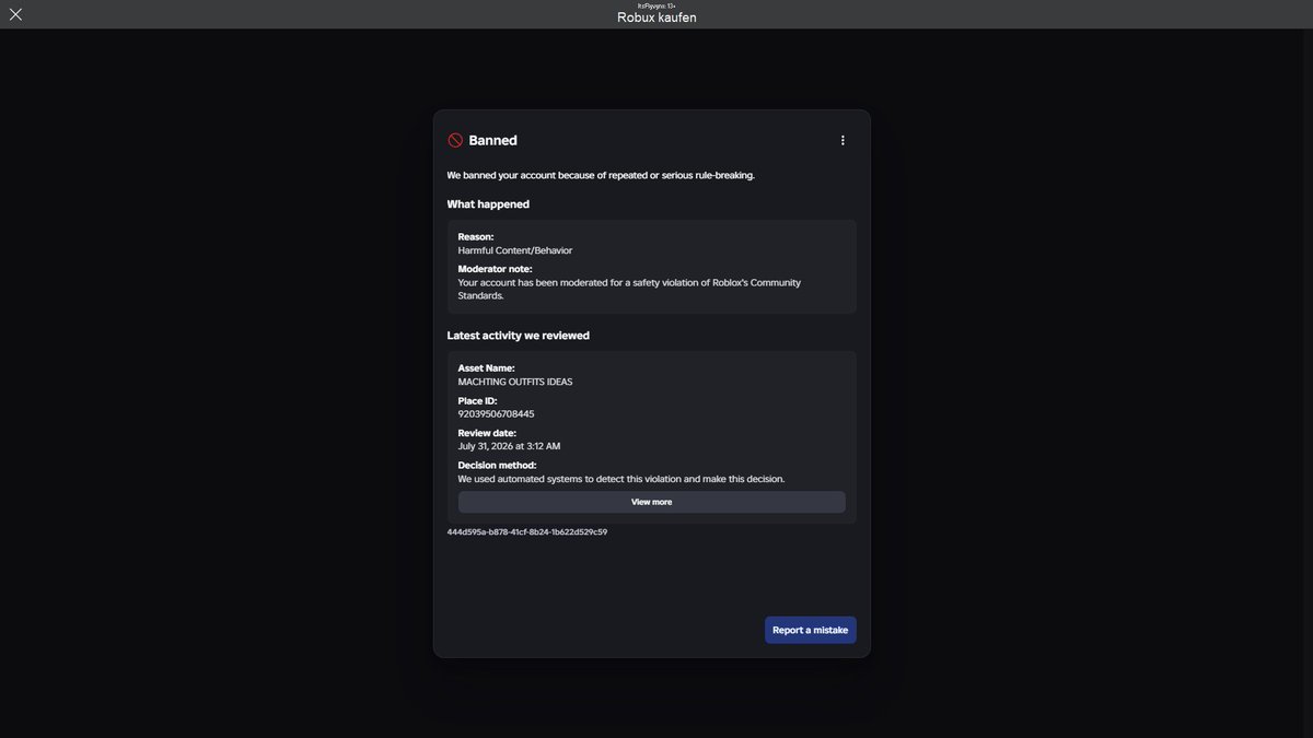 Ryvynx's tweet photo. I got banned from Roblox...
My account, where I spent over $1,000 as a private person, got permanently banned for joining "MACHTING OUTFITS IDEAS", which Roblox apparently considers Harmful Content/Behavior.
No warning at all...

If you can help, pls help me. @Roblox @KreekCraft https://t.co/5Ulu5aFKzv