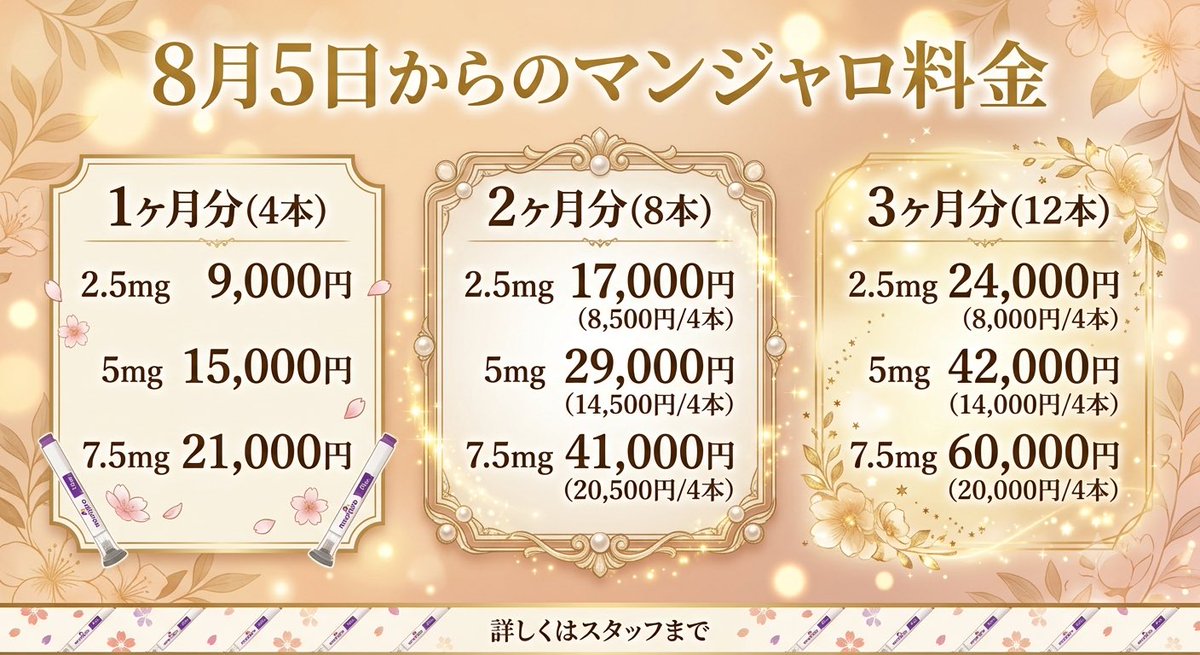 ubclinic_online's tweet photo. 8月5日からのマンジャロ料金となります💉

UBCLINICをご利用の方は同時施術で1,000円OFF💡※何ヶ月分でも1,000円割引のみです。他の割引はありません。

オンラインも同料金です🩺発送が8月5日以降であれば事前の問診も可。

8月4日迄は従来の金額となりますのでお間違いのないようお願いいたします。 https://t.co/6kqiNMVwXc