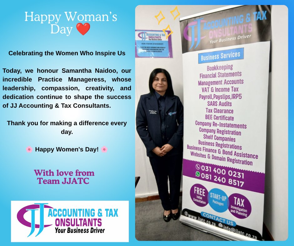 JJ_Accounting's tweet photo. 💜 This Women's Day, we celebrate an exceptional woman whose leadership, passion, and dedication continue to shape the success of JJ Accounting &amp; Tax Consultants.

We proudly honour our Practice Manageress, Samantha Naidoo, dynamic businesswoman, trailblazer, and an inspiration. https://t.co/ameCBSxBFj