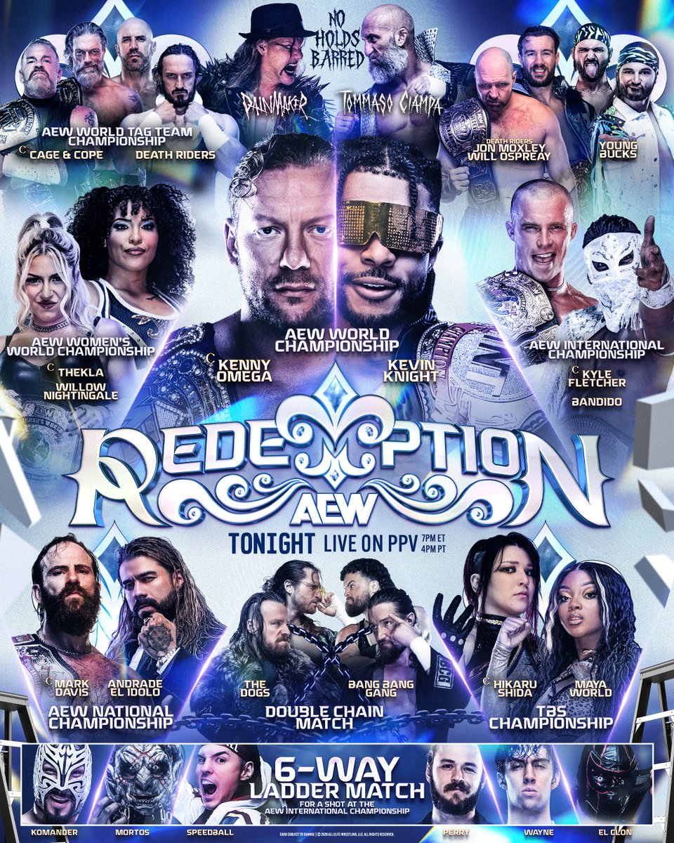TheDrainmaker's tweet photo. Dave Meltzer star ratings for AEW Redemption 2026:

• Omega vs Knight: ⭐⭐⭐⭐¾
• Willow vs Thekla: ⭐⭐⭐¾
• Andrade vs Davis: ⭐⭐⭐⭐
• Painmaker vs Ciampa: ⭐⭐⭐⭐¼
• Cage/Cope vs PAC/Claudio: ⭐⭐⭐⭐¼
• Maya vs Shida: ⭐⭐¼
• Double Chain match: ⭐⭐¾
• Fletcher vs Bandido: ⭐⭐⭐⭐⭐
• YB vs Ospreay/Moxley: ⭐⭐⭐⭐⭐
• 6-way Ladder: ⭐⭐⭐⭐½

Buy In:
• Conglomeration vs Lethal Twist: ⭐⭐⭐¼

2 MATCHES RATED FIVE STARS.
7 MATCHES WITH 4 STARS OR ABOVE.
