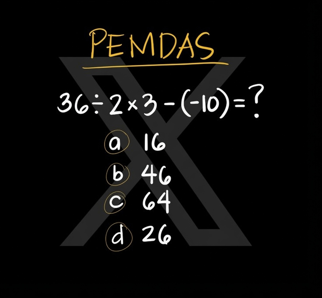 RealLonelyr0's tweet photo. Can you solve this without a calculator?
36 ÷ 2 × 3 − (−10) = ?

Most people get this wrong on the first try 👀

a) 16
b) 46
c) 64
d) 26 https://t.co/V2LQheR4Wo