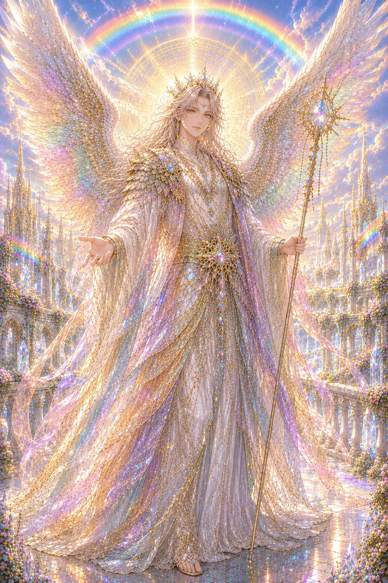 Jun777note's tweet photo. 虹かかる　七色の翼　ひろげつつ
天と大地を　光で結ぶ
With seven-colored wings spread wide beneath the rainbow,
the Archangel unites heaven and earth with radiant light. 🌈🪽✨ https://t.co/osoQ5nNg1z