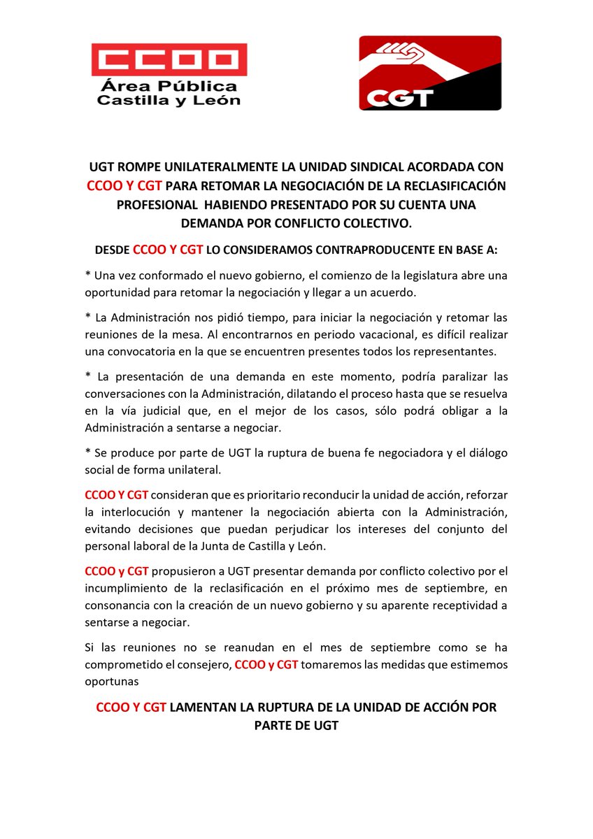 CCOO_JCYL's tweet photo. Romper la unidad sindical por ir por libre no es defender al personal laboral: es debilitarlo

UGT ha presentado una demanda en solitario justo cuando tocaba reforzar la negociación de la reclasificación profesional. 

La plantilla necesita soluciones, no guerras de medallas 😡 https://t.co/K4pJnbmLbn