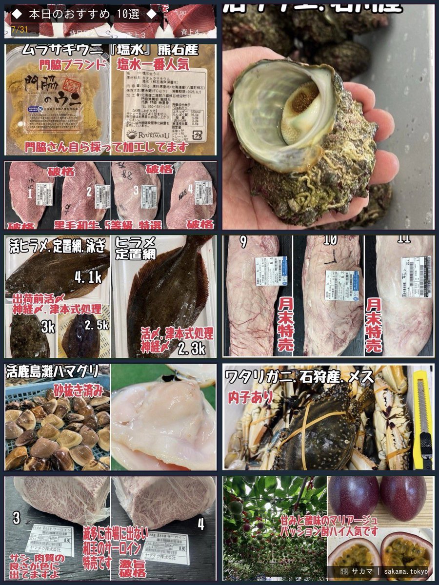 sakamainc's tweet photo. 2026年7月31日のおすすめ 10選
1.ニュージーランド産…
2.活サザエ　BBQや…
3.ホッキ貝　白貝　塩…
4.黒毛和牛5等級　特…
5.ヒラメ　スズキ　ス…
6.黒毛和牛5等級　特…
7.鹿島灘ハマグリ　出…
他3品
サカマアプリで詳細をチェック
#サカマ #鮮魚 https://t.co/pW5Id2Jvrv